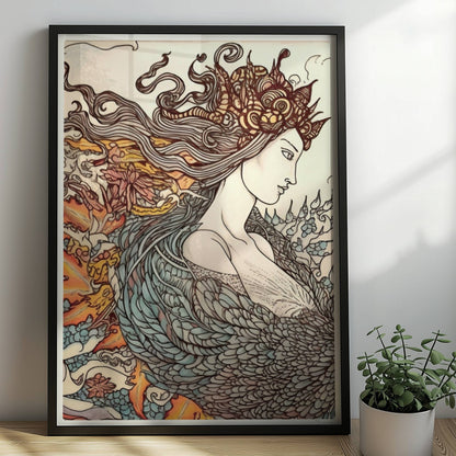 Eine phantasievolle Zeichnung einer Frau mit fließendem Haar, die sich in einen mythischen Phönix verwandelt. Kunstvoll und detailreich.. Rahmen schwarz 50x70