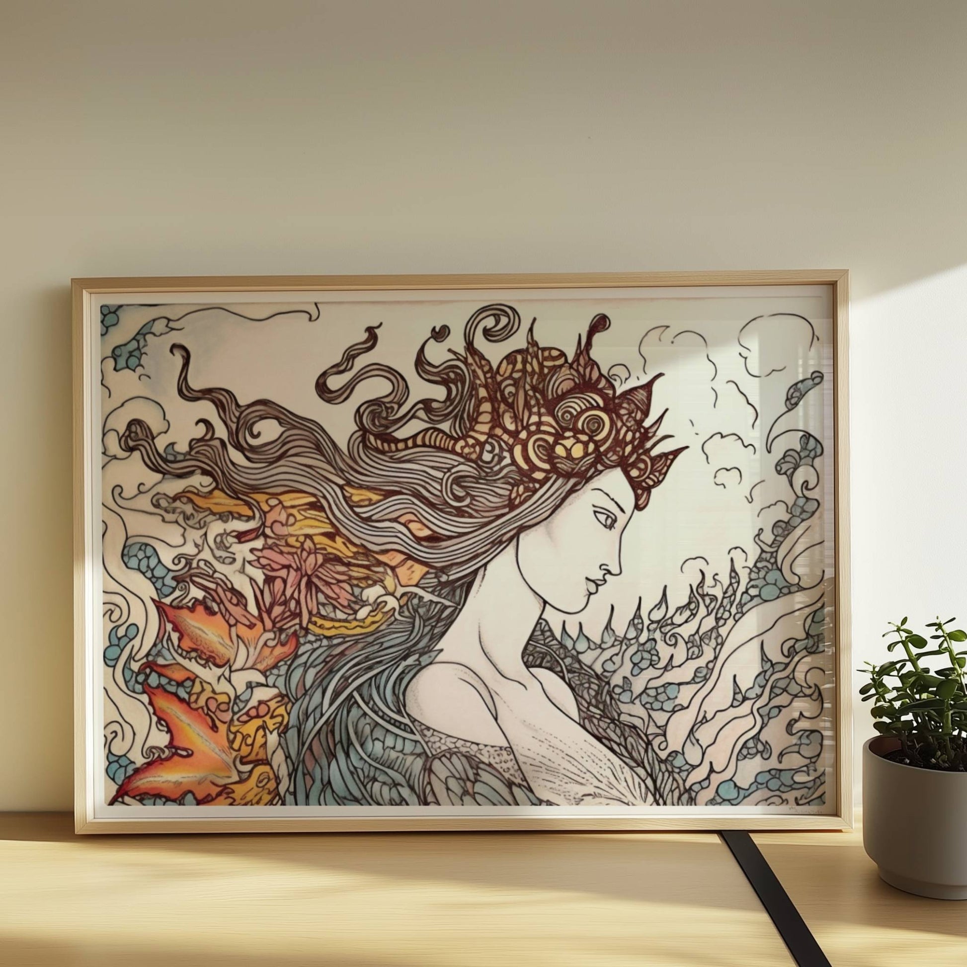 Eine phantasievolle Zeichnung einer Frau mit fließendem Haar, die sich in einen mythischen Phönix verwandelt. Kunstvoll und detailreich.. Rahmen natur 70x50
