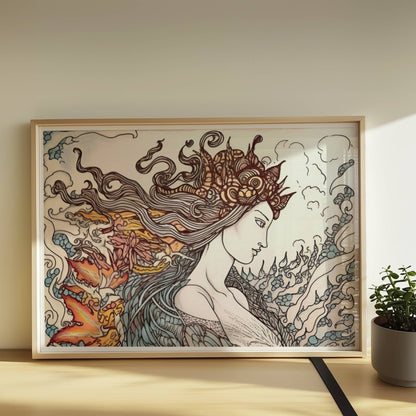 Eine phantasievolle Zeichnung einer Frau mit fließendem Haar, die sich in einen mythischen Phönix verwandelt. Kunstvoll und detailreich.. Rahmen natur 70x50