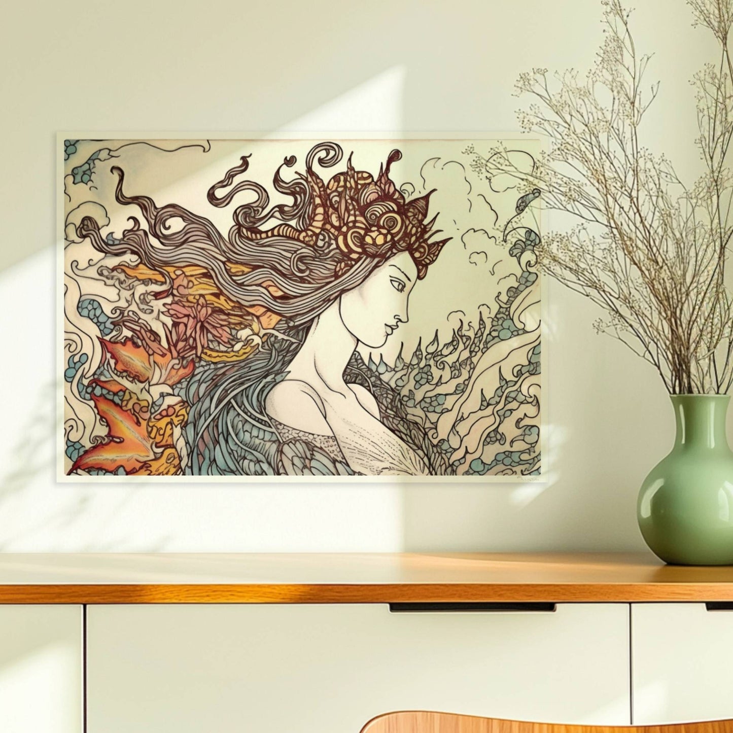 Eine phantasievolle Zeichnung einer Frau mit fließendem Haar, die sich in einen mythischen Phönix verwandelt. Kunstvoll und detailreich.. Ohne Rahmen 70x50