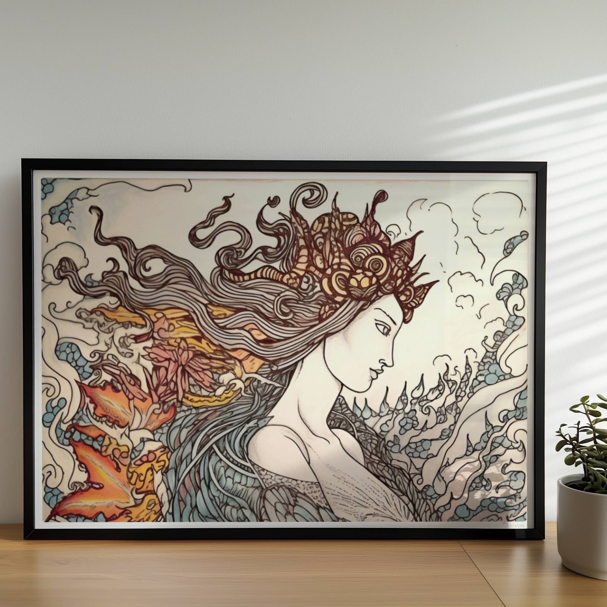 Eine phantasievolle Zeichnung einer Frau mit fließendem Haar, die sich in einen mythischen Phönix verwandelt. Kunstvoll und detailreich.. Rahmen schwarz 70x50