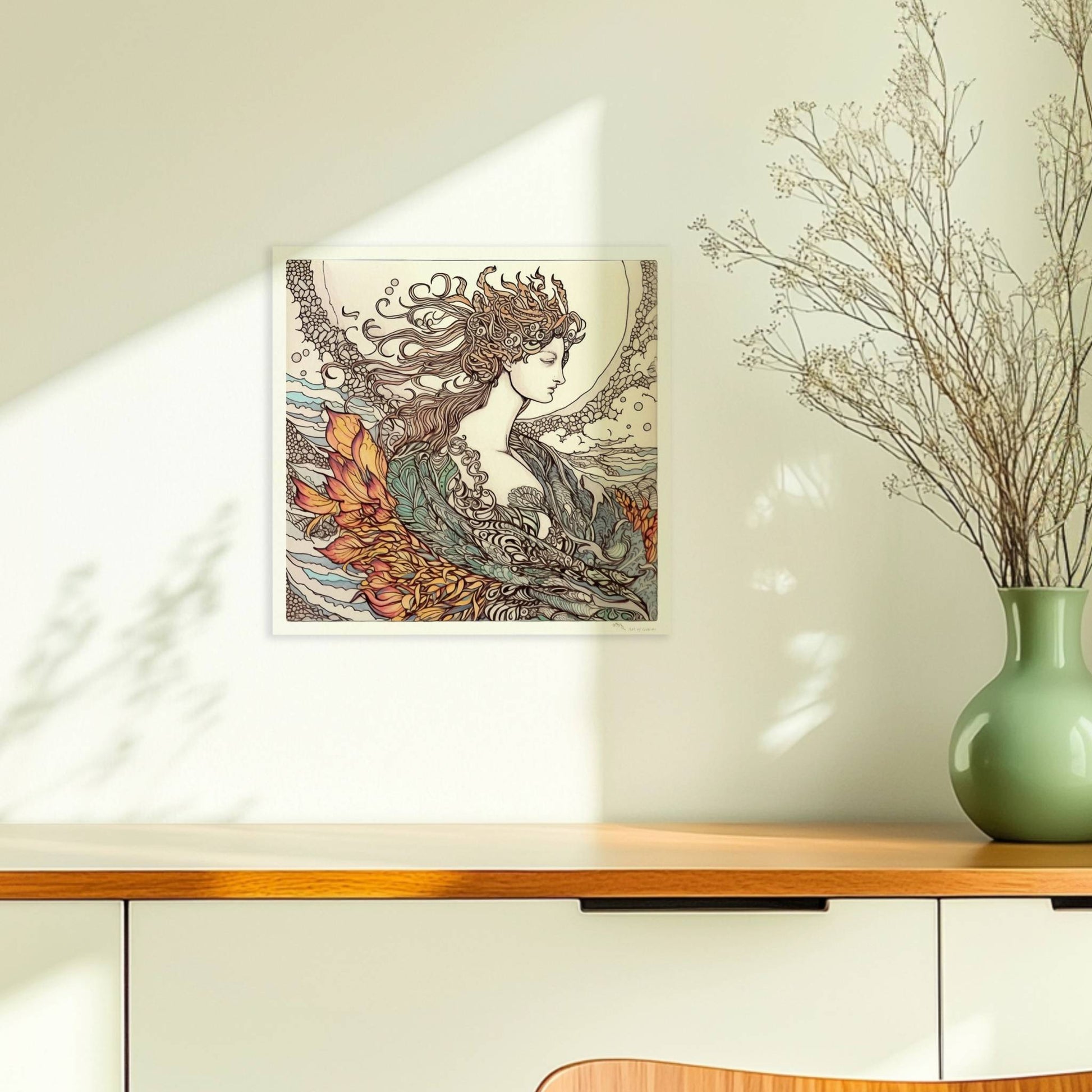 Porträt einer Frau mit fließendem Haar, umgeben von Wellen und phönixartigen Flammen, kunstvoll und mythisch illustriert.. Ohne Rahmen 30x30