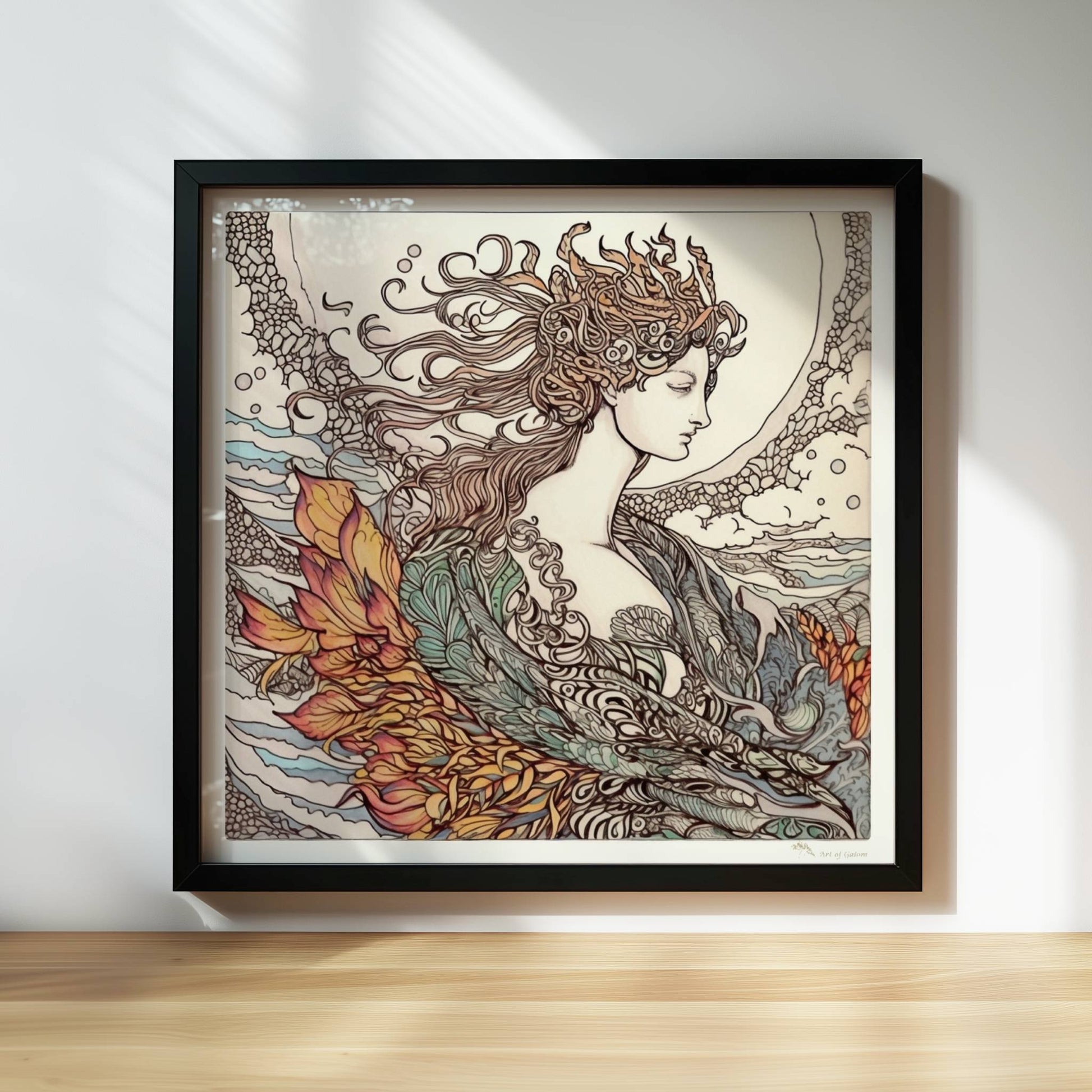 Porträt einer Frau mit fließendem Haar, umgeben von Wellen und phönixartigen Flammen, kunstvoll und mythisch illustriert.. Rahmen schwarz 30x30