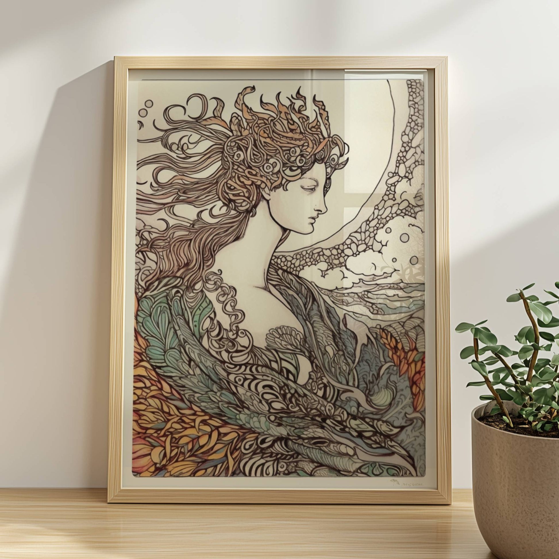 Porträt einer Frau mit fließendem Haar, umgeben von Wellen und phönixartigen Flammen, kunstvoll und mythisch illustriert.. Rahmen natur 30x40
