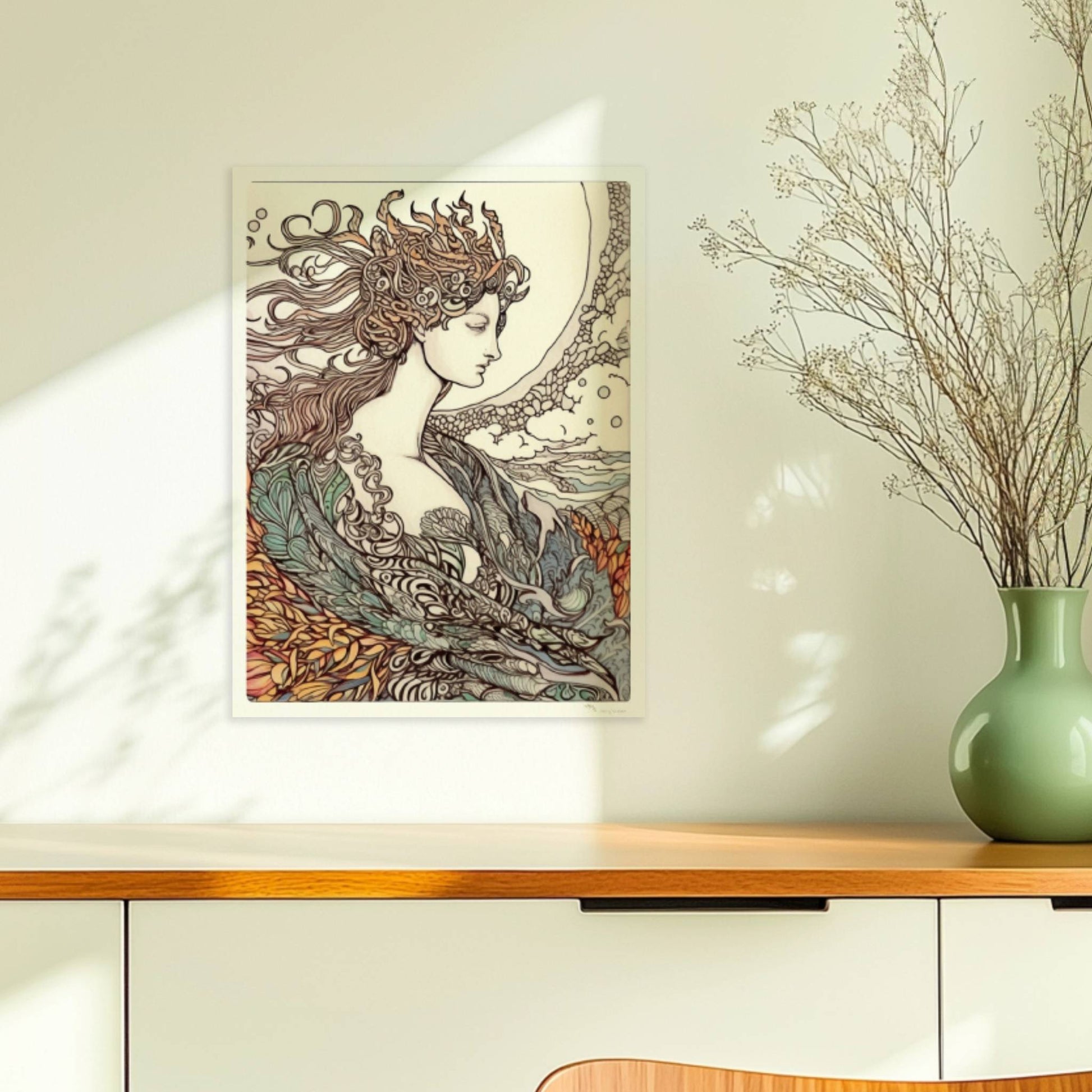 Porträt einer Frau mit fließendem Haar, umgeben von Wellen und phönixartigen Flammen, kunstvoll und mythisch illustriert.. Ohne Rahmen 30x40