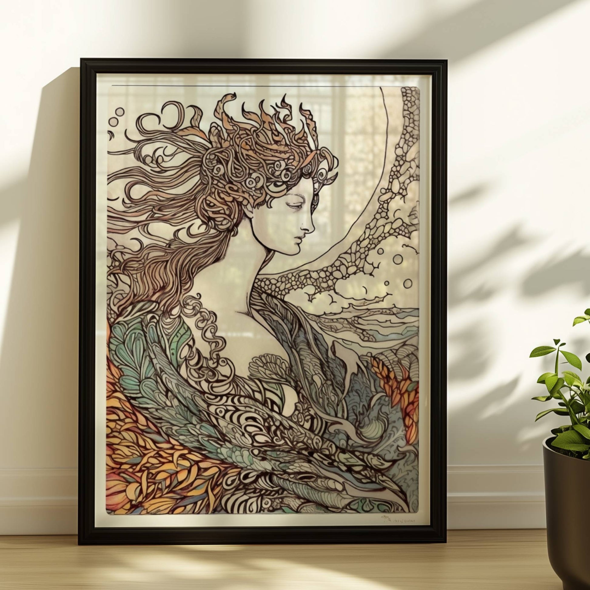 Porträt einer Frau mit fließendem Haar, umgeben von Wellen und phönixartigen Flammen, kunstvoll und mythisch illustriert.. Rahmen schwarz 30x40