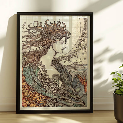 Porträt einer Frau mit fließendem Haar, umgeben von Wellen und phönixartigen Flammen, kunstvoll und mythisch illustriert.. Rahmen schwarz 30x40
