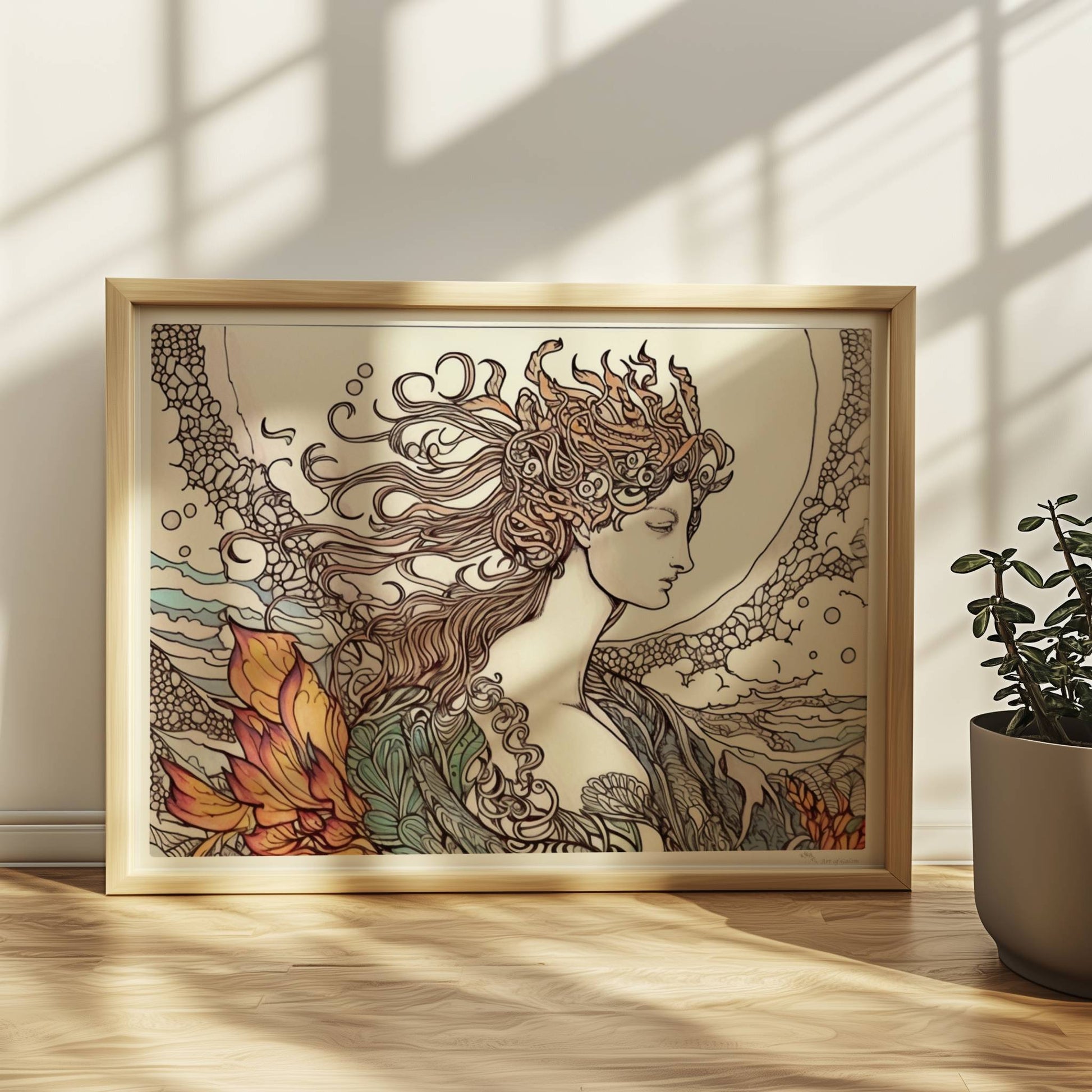 Porträt einer Frau mit fließendem Haar, umgeben von Wellen und phönixartigen Flammen, kunstvoll und mythisch illustriert.. Rahmen natur 40x30
