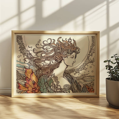 Porträt einer Frau mit fließendem Haar, umgeben von Wellen und phönixartigen Flammen, kunstvoll und mythisch illustriert.. Rahmen natur 40x30