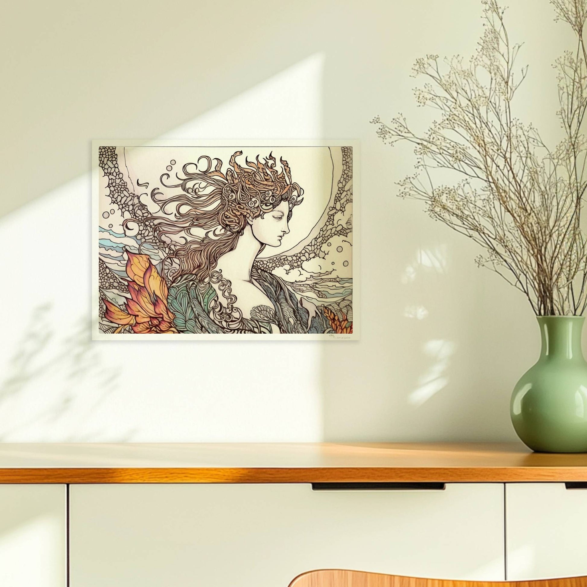 Porträt einer Frau mit fließendem Haar, umgeben von Wellen und phönixartigen Flammen, kunstvoll und mythisch illustriert.. Ohne Rahmen 40x30