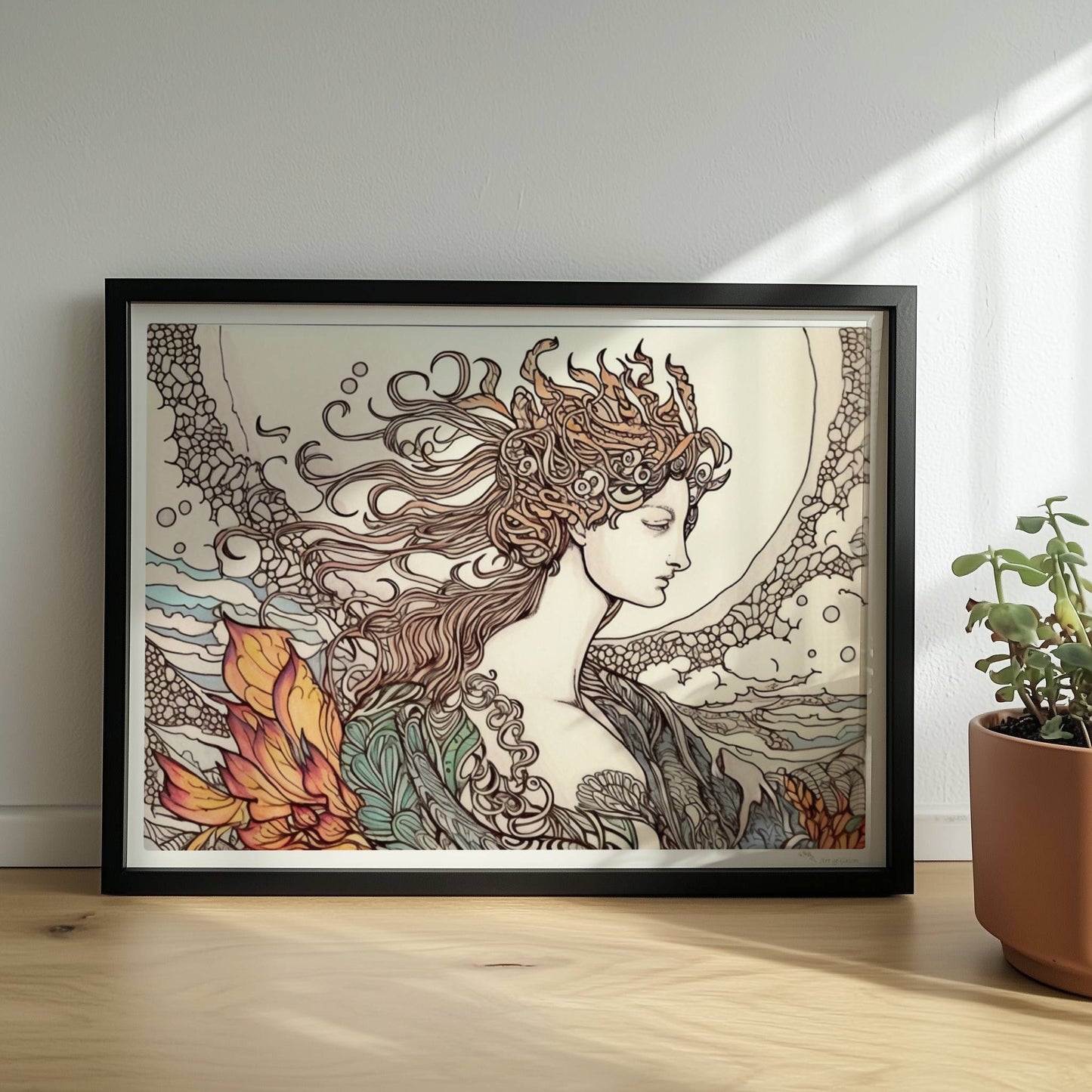 Porträt einer Frau mit fließendem Haar, umgeben von Wellen und phönixartigen Flammen, kunstvoll und mythisch illustriert.. Rahmen schwarz 40x30