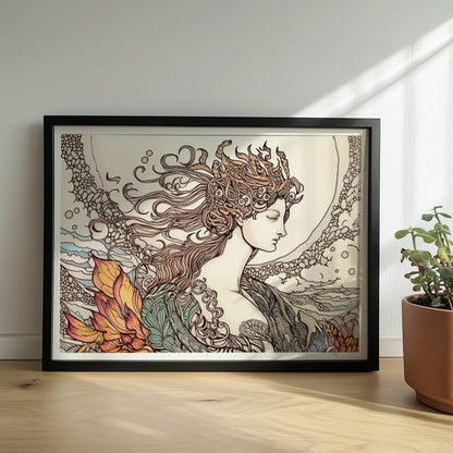 Porträt einer Frau mit fließendem Haar, umgeben von Wellen und phönixartigen Flammen, kunstvoll und mythisch illustriert.. Rahmen schwarz 40x30