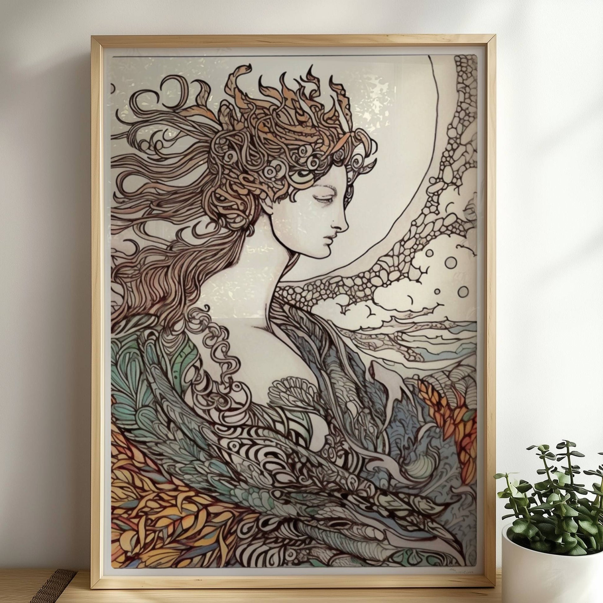 Porträt einer Frau mit fließendem Haar, umgeben von Wellen und phönixartigen Flammen, kunstvoll und mythisch illustriert.. Rahmen natur 50x70