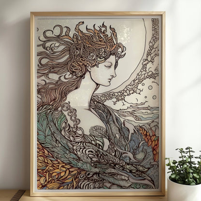 Porträt einer Frau mit fließendem Haar, umgeben von Wellen und phönixartigen Flammen, kunstvoll und mythisch illustriert.. Rahmen natur 50x70