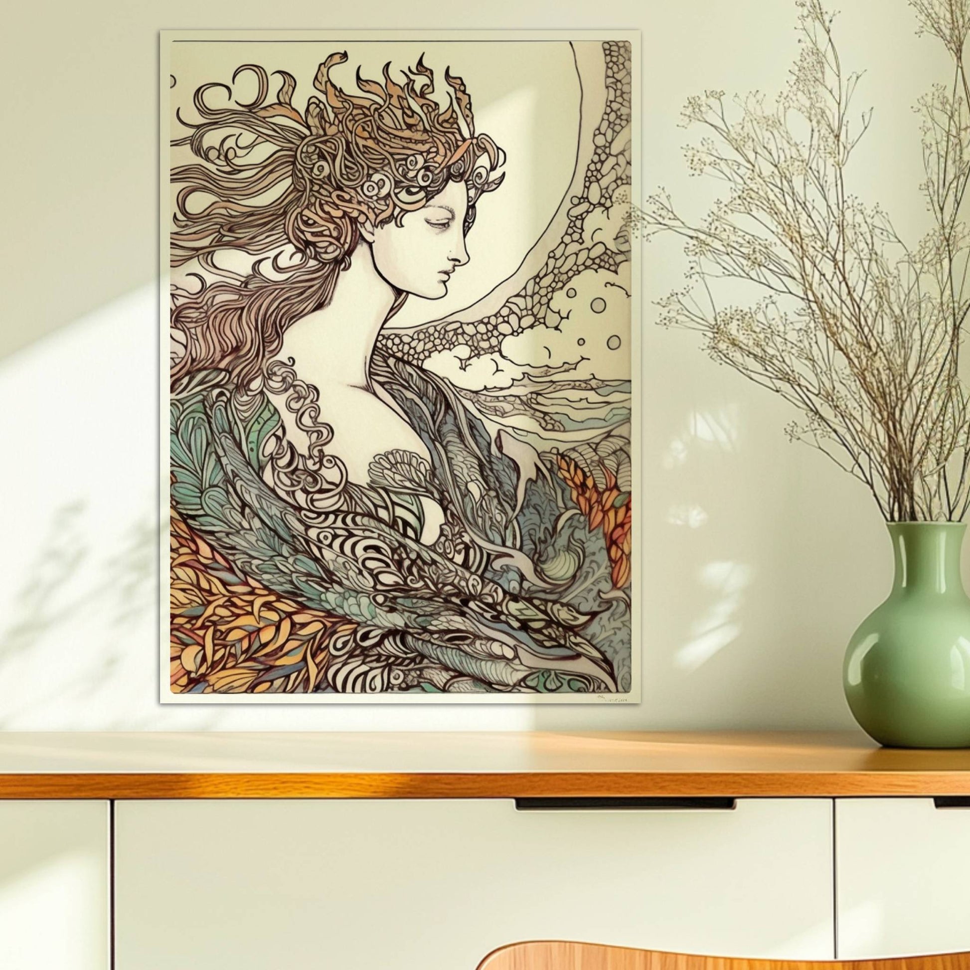 Porträt einer Frau mit fließendem Haar, umgeben von Wellen und phönixartigen Flammen, kunstvoll und mythisch illustriert.. Ohne Rahmen 50x70