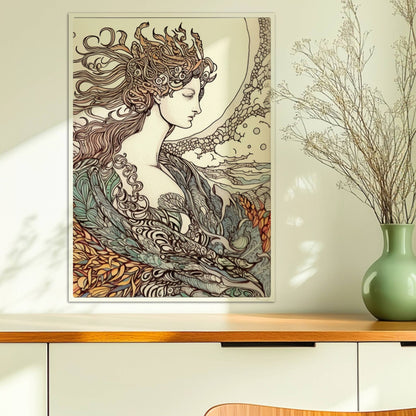 Porträt einer Frau mit fließendem Haar, umgeben von Wellen und phönixartigen Flammen, kunstvoll und mythisch illustriert.. Ohne Rahmen 50x70