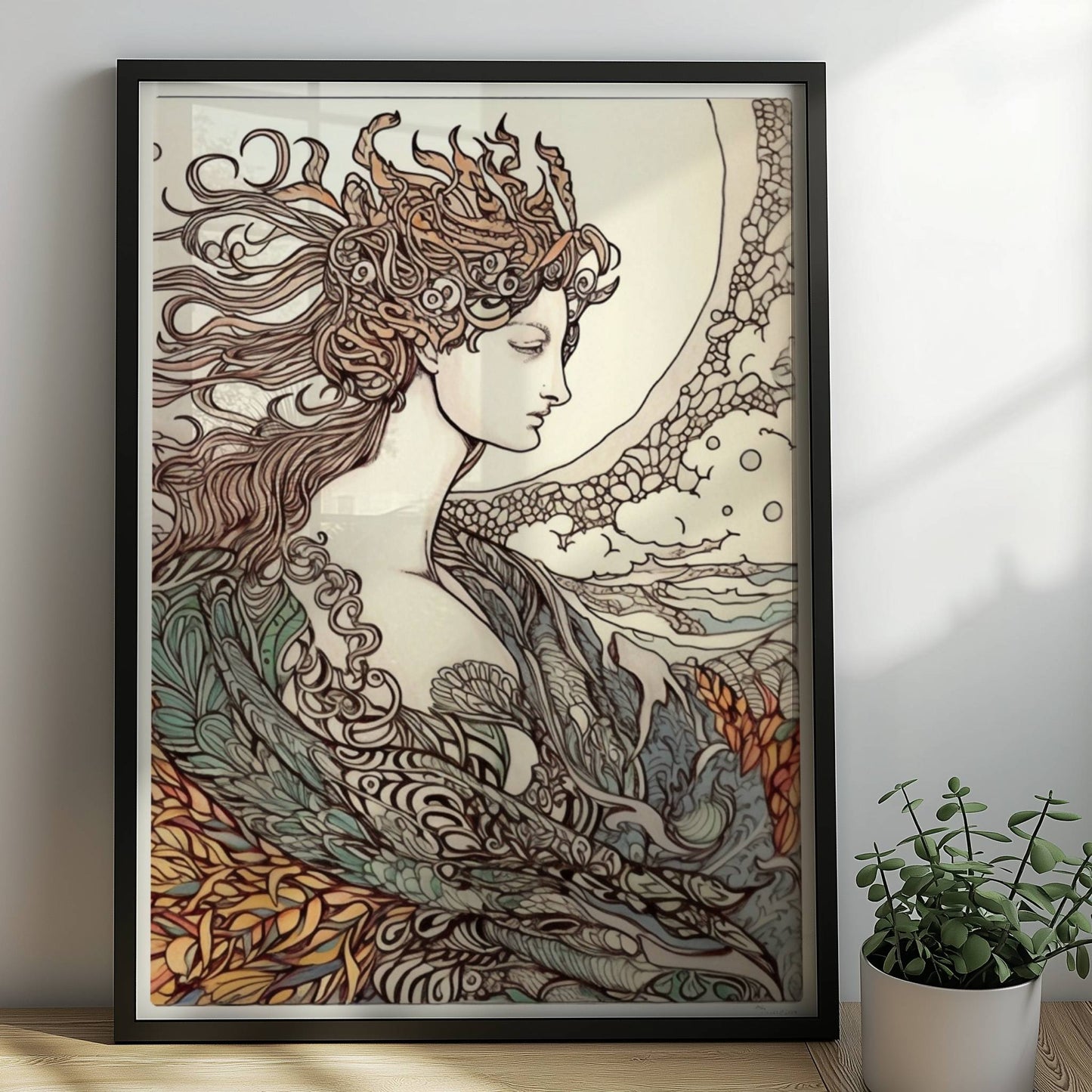 Porträt einer Frau mit fließendem Haar, umgeben von Wellen und phönixartigen Flammen, kunstvoll und mythisch illustriert.. Rahmen schwarz 50x70