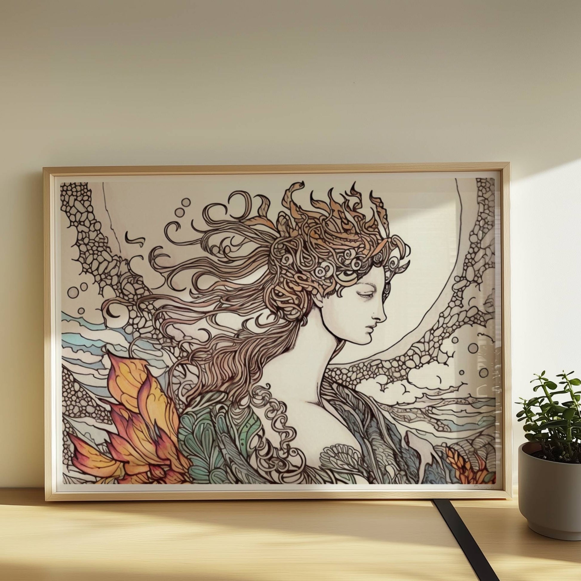 Porträt einer Frau mit fließendem Haar, umgeben von Wellen und phönixartigen Flammen, kunstvoll und mythisch illustriert.. Rahmen natur 70x50