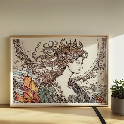 Porträt einer Frau mit fließendem Haar, umgeben von Wellen und phönixartigen Flammen, kunstvoll und mythisch illustriert.. Rahmen natur 70x50