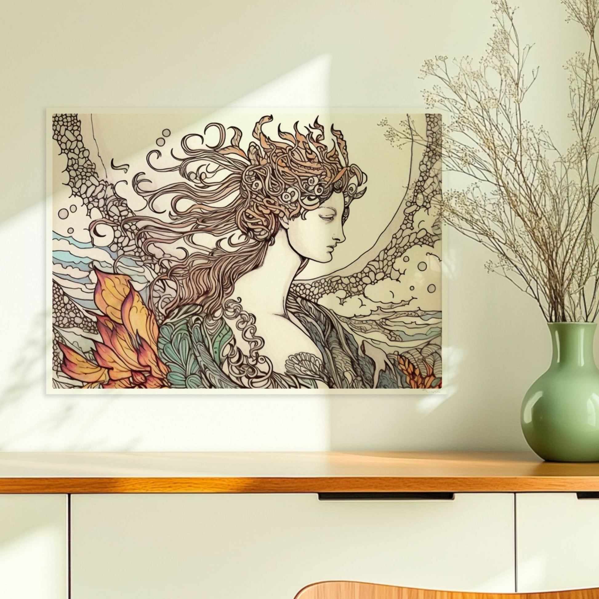 Porträt einer Frau mit fließendem Haar, umgeben von Wellen und phönixartigen Flammen, kunstvoll und mythisch illustriert.. Ohne Rahmen 70x50