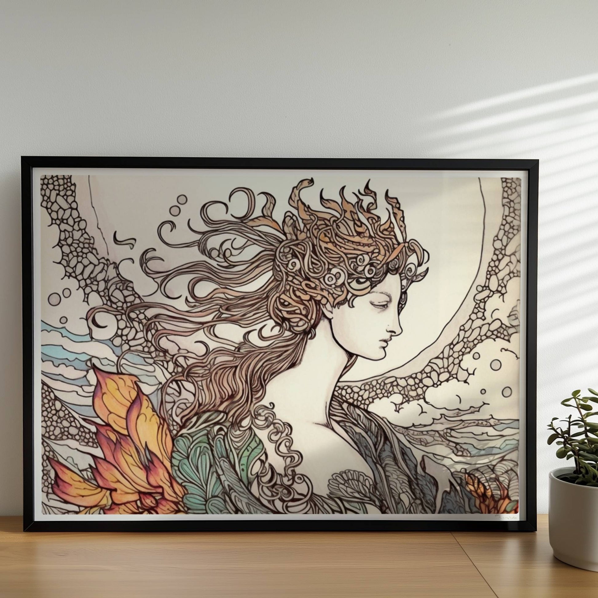 Porträt einer Frau mit fließendem Haar, umgeben von Wellen und phönixartigen Flammen, kunstvoll und mythisch illustriert.. Rahmen schwarz 70x50