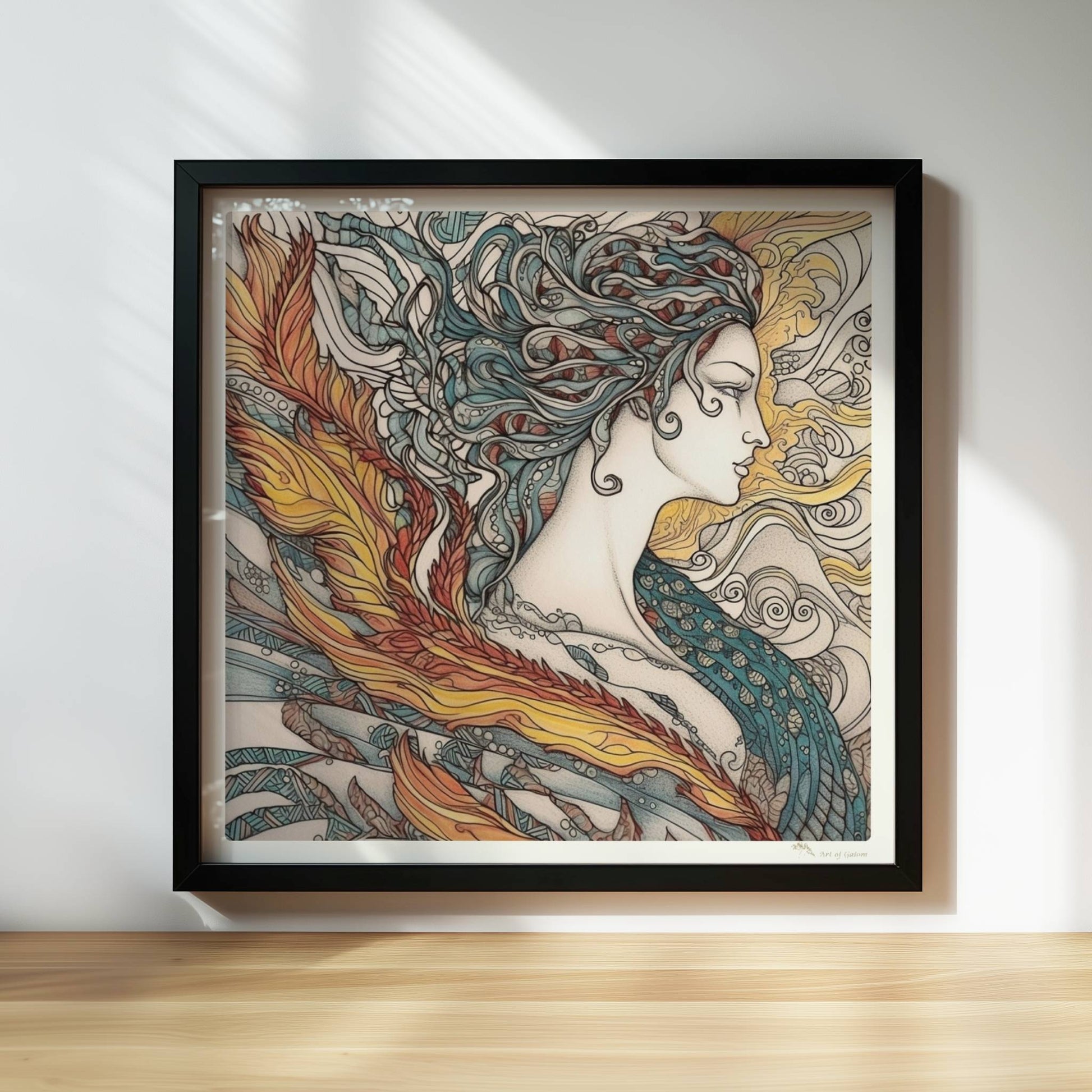 Porträt einer schönen Nymphe mit ornamentalen Flammenfedern, fließendem Haar und künstlerischem Jugendstil-Muster, inspiriert von Phönix und Natur.. Rahmen schwarz 30x30
