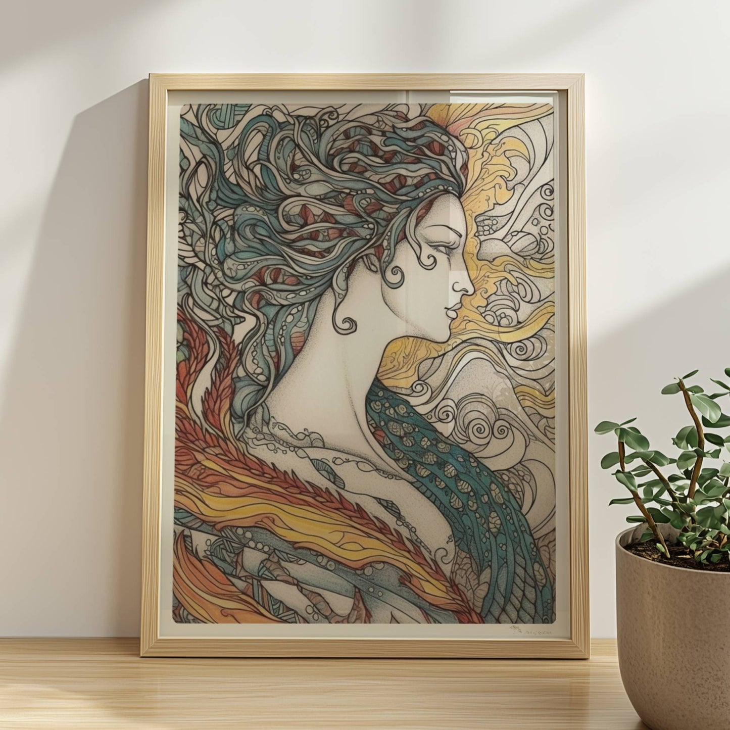 Porträt einer schönen Nymphe mit ornamentalen Flammenfedern, fließendem Haar und künstlerischem Jugendstil-Muster, inspiriert von Phönix und Natur.. Rahmen natur 30x40