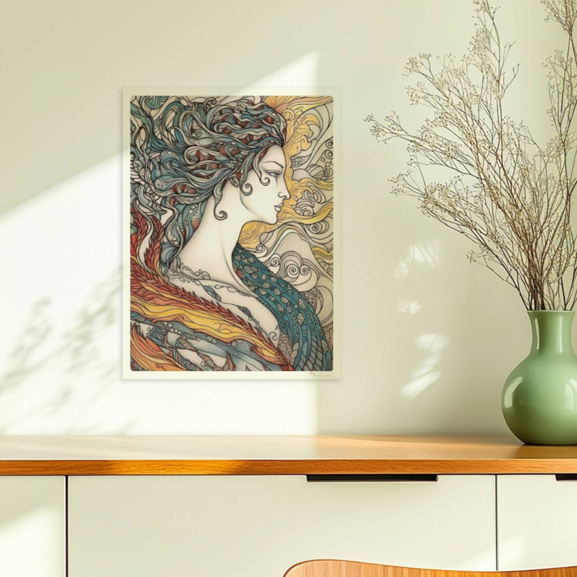 Porträt einer schönen Nymphe mit ornamentalen Flammenfedern, fließendem Haar und künstlerischem Jugendstil-Muster, inspiriert von Phönix und Natur.. Ohne Rahmen 30x40