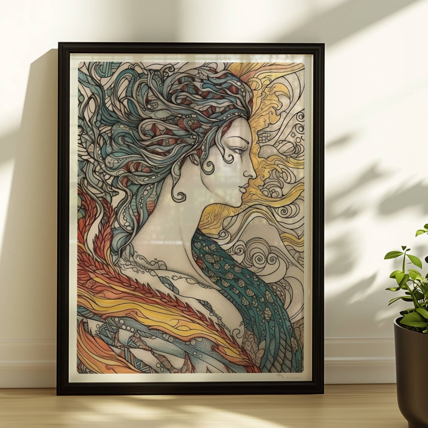 Porträt einer schönen Nymphe mit ornamentalen Flammenfedern, fließendem Haar und künstlerischem Jugendstil-Muster, inspiriert von Phönix und Natur.. Rahmen schwarz 30x40