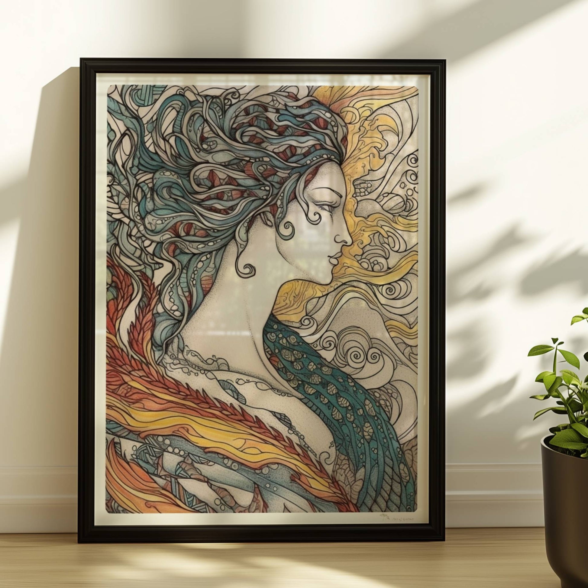 Porträt einer schönen Nymphe mit ornamentalen Flammenfedern, fließendem Haar und künstlerischem Jugendstil-Muster, inspiriert von Phönix und Natur.. Rahmen schwarz 30x40