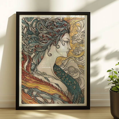 Porträt einer schönen Nymphe mit ornamentalen Flammenfedern, fließendem Haar und künstlerischem Jugendstil-Muster, inspiriert von Phönix und Natur.. Rahmen schwarz 30x40