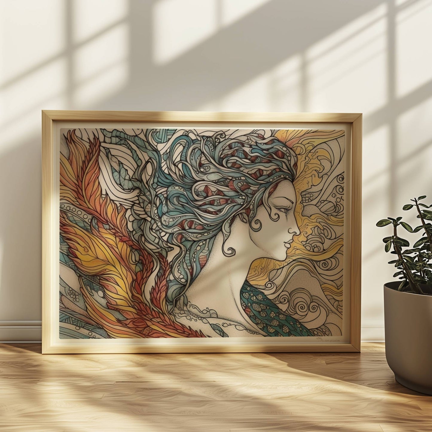 Porträt einer schönen Nymphe mit ornamentalen Flammenfedern, fließendem Haar und künstlerischem Jugendstil-Muster, inspiriert von Phönix und Natur.. Rahmen natur 40x30