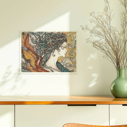 Porträt einer schönen Nymphe mit ornamentalen Flammenfedern, fließendem Haar und künstlerischem Jugendstil-Muster, inspiriert von Phönix und Natur.. Ohne Rahmen 40x30