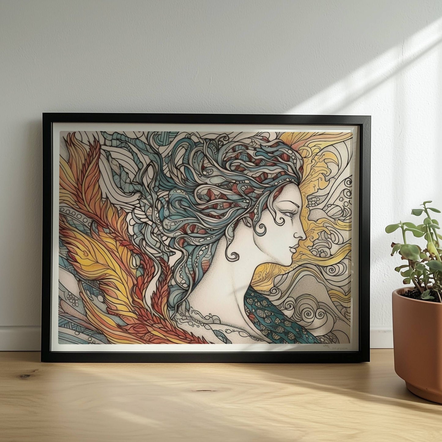 Porträt einer schönen Nymphe mit ornamentalen Flammenfedern, fließendem Haar und künstlerischem Jugendstil-Muster, inspiriert von Phönix und Natur.. Rahmen schwarz 40x30
