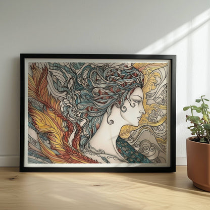 Porträt einer schönen Nymphe mit ornamentalen Flammenfedern, fließendem Haar und künstlerischem Jugendstil-Muster, inspiriert von Phönix und Natur.. Rahmen schwarz 40x30