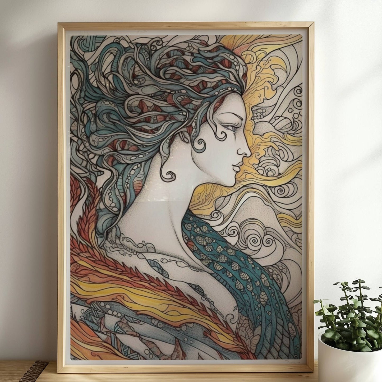 Porträt einer schönen Nymphe mit ornamentalen Flammenfedern, fließendem Haar und künstlerischem Jugendstil-Muster, inspiriert von Phönix und Natur.. Rahmen natur 50x70
