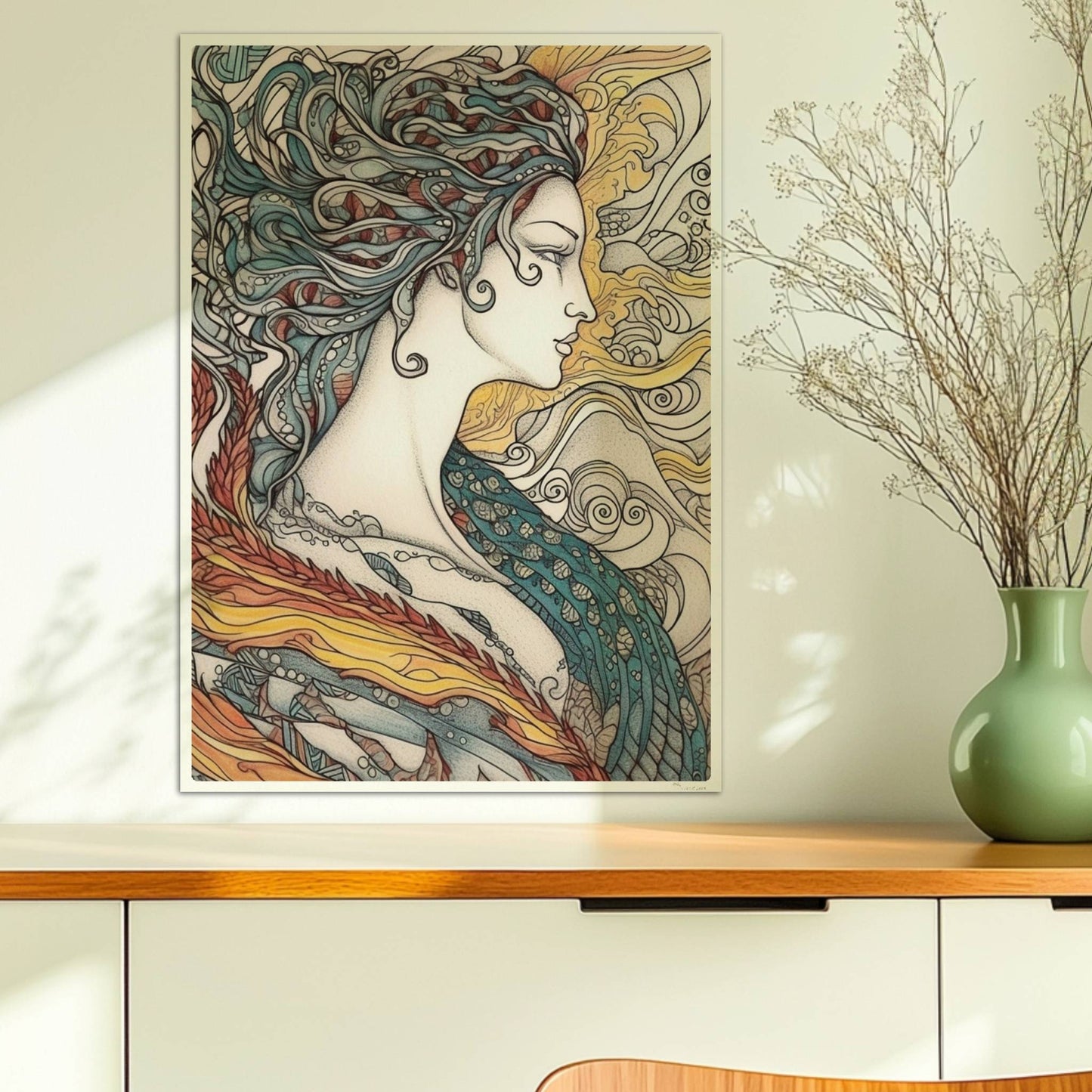 Porträt einer schönen Nymphe mit ornamentalen Flammenfedern, fließendem Haar und künstlerischem Jugendstil-Muster, inspiriert von Phönix und Natur.. Ohne Rahmen 50x70