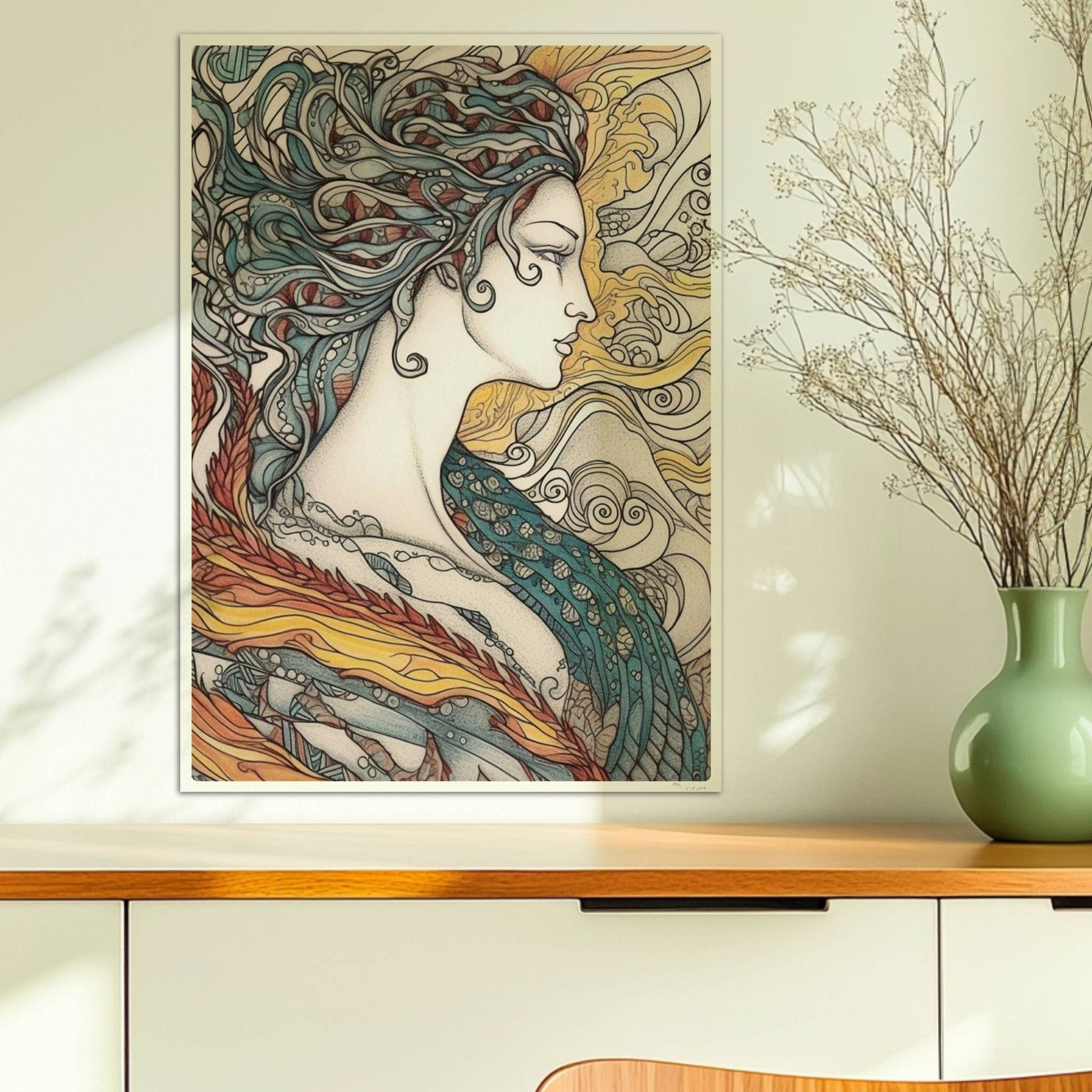 Porträt einer schönen Nymphe mit ornamentalen Flammenfedern, fließendem Haar und künstlerischem Jugendstil-Muster, inspiriert von Phönix und Natur.. Ohne Rahmen 50x70