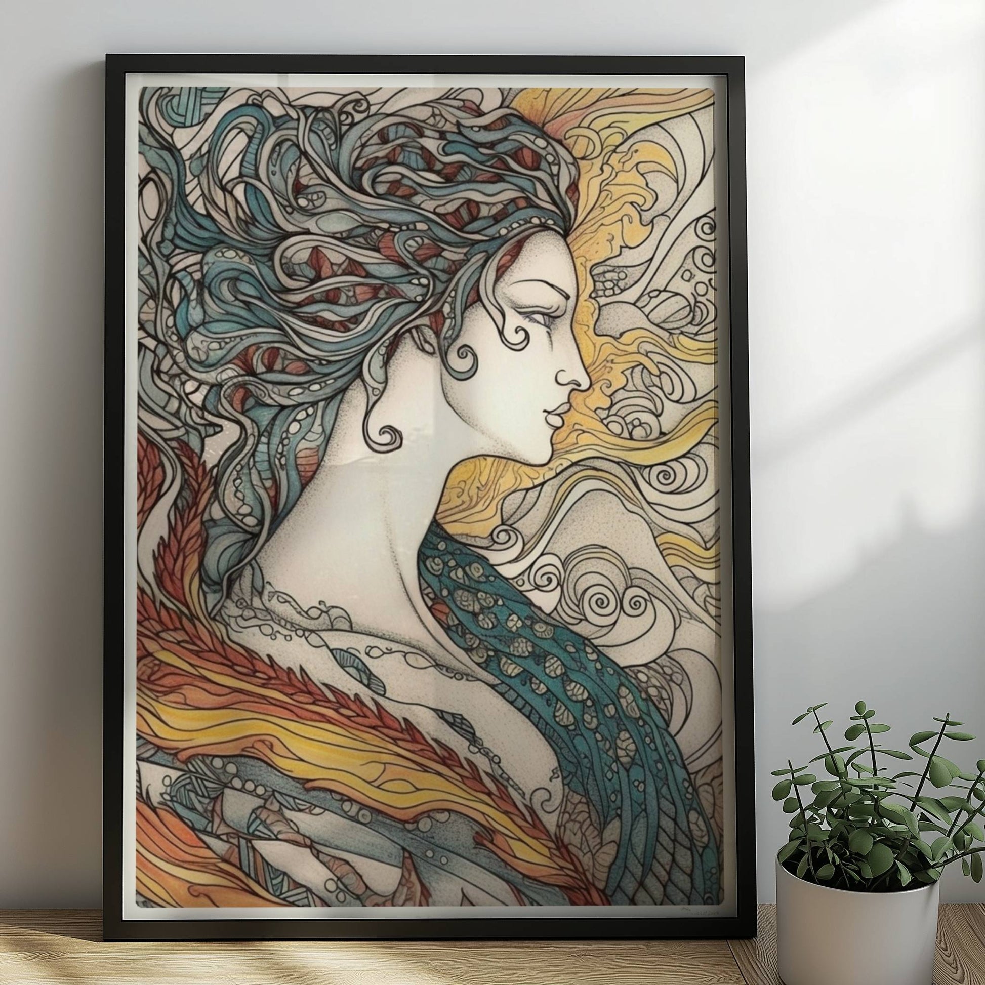 Porträt einer schönen Nymphe mit ornamentalen Flammenfedern, fließendem Haar und künstlerischem Jugendstil-Muster, inspiriert von Phönix und Natur.. Rahmen schwarz 50x70