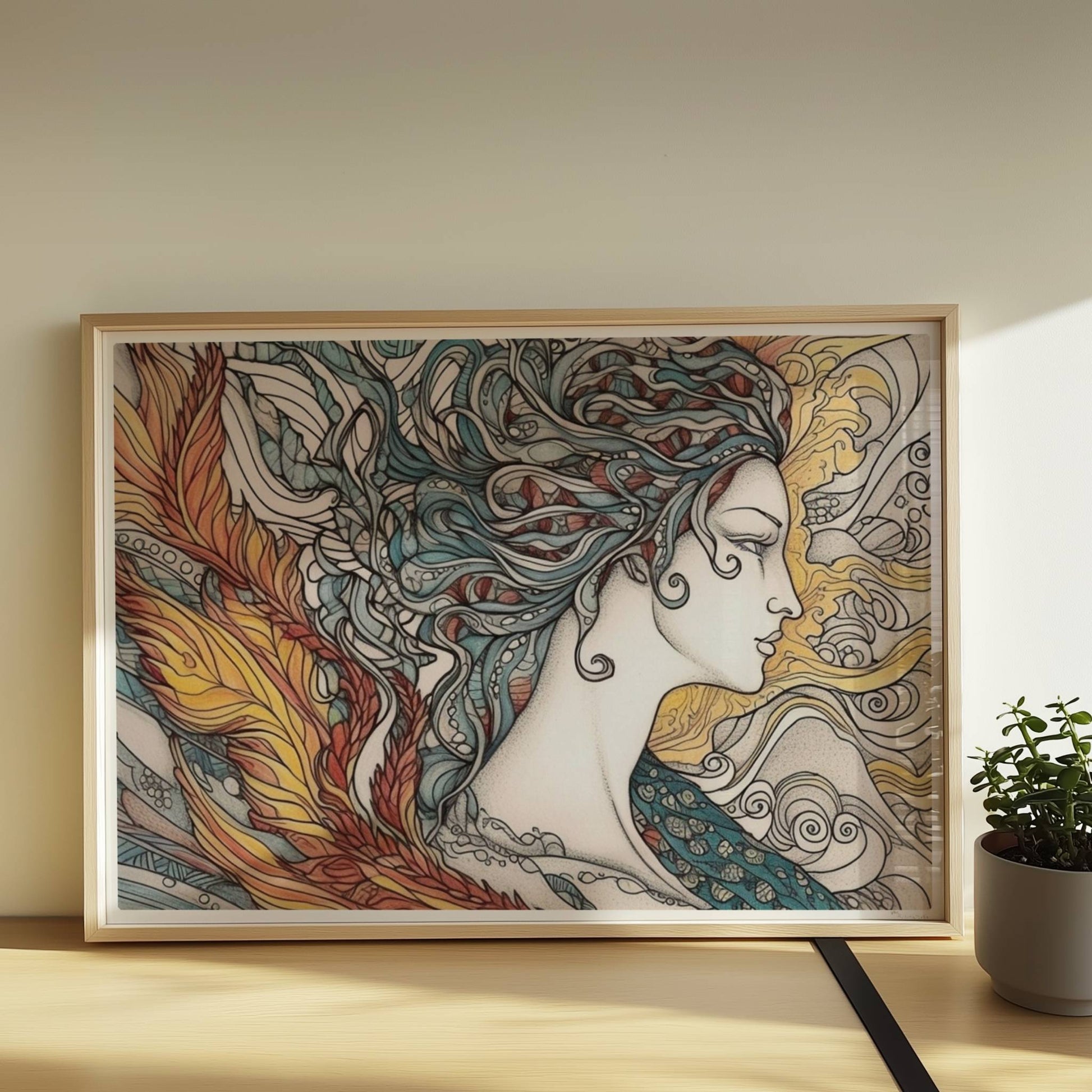 Porträt einer schönen Nymphe mit ornamentalen Flammenfedern, fließendem Haar und künstlerischem Jugendstil-Muster, inspiriert von Phönix und Natur.. Rahmen natur 70x50