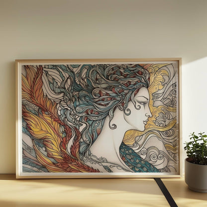 Porträt einer schönen Nymphe mit ornamentalen Flammenfedern, fließendem Haar und künstlerischem Jugendstil-Muster, inspiriert von Phönix und Natur.. Rahmen natur 70x50