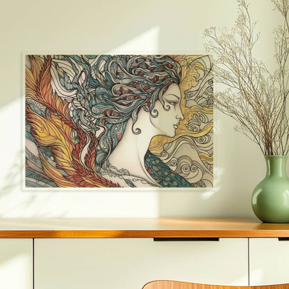 Porträt einer schönen Nymphe mit ornamentalen Flammenfedern, fließendem Haar und künstlerischem Jugendstil-Muster, inspiriert von Phönix und Natur.. Ohne Rahmen 70x50