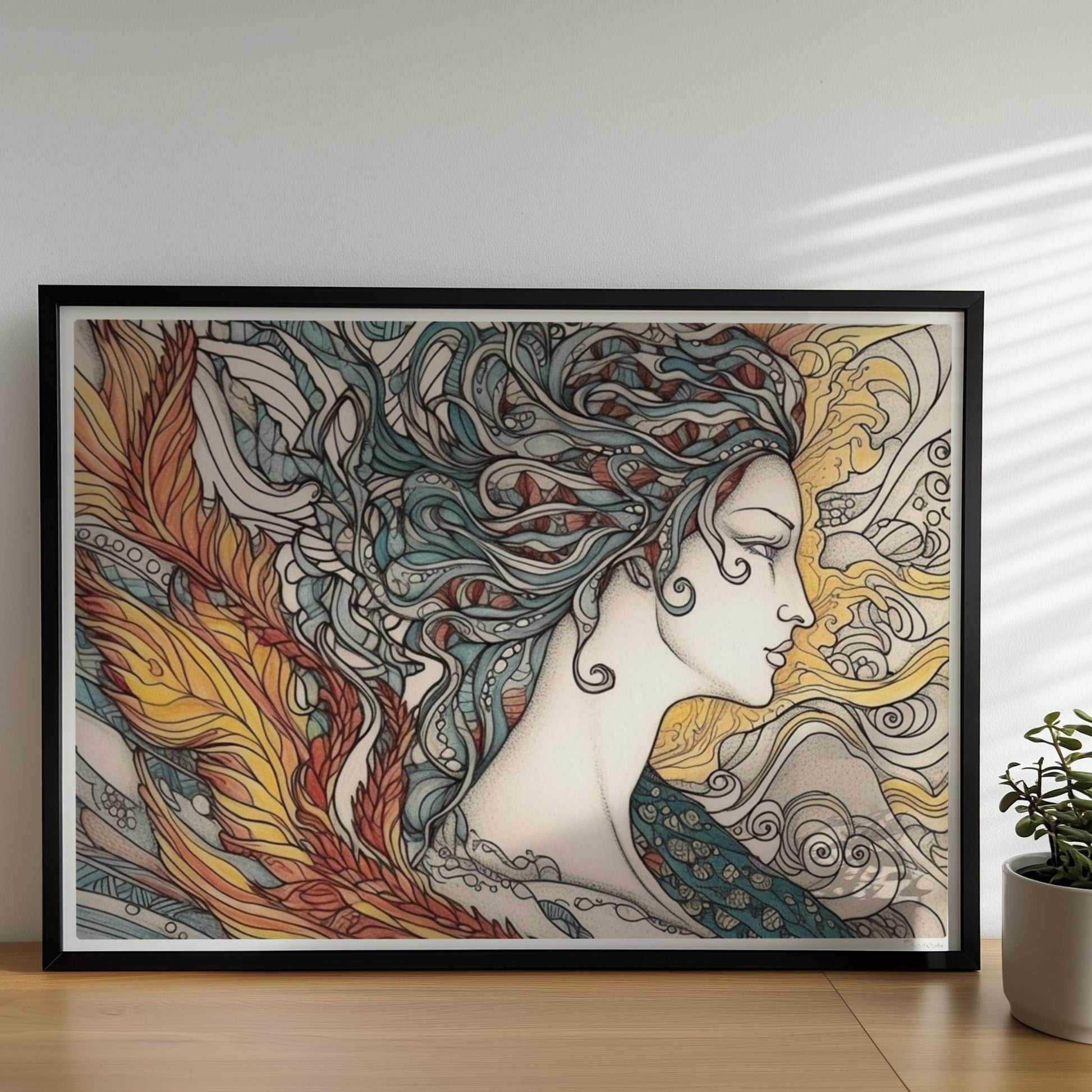 Porträt einer schönen Nymphe mit ornamentalen Flammenfedern, fließendem Haar und künstlerischem Jugendstil-Muster, inspiriert von Phönix und Natur.. Rahmen schwarz 70x50