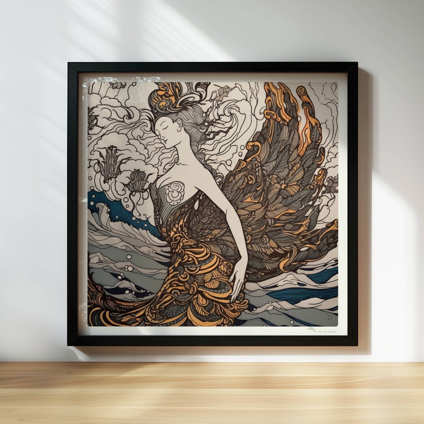 Künstlerische Darstellung einer Frau mit phönixartigen Federn, die sich in den Wellen des Ozeans verwandelt. Jugendstil-Muster und dynamische Linien.. Rahmen schwarz 30x30