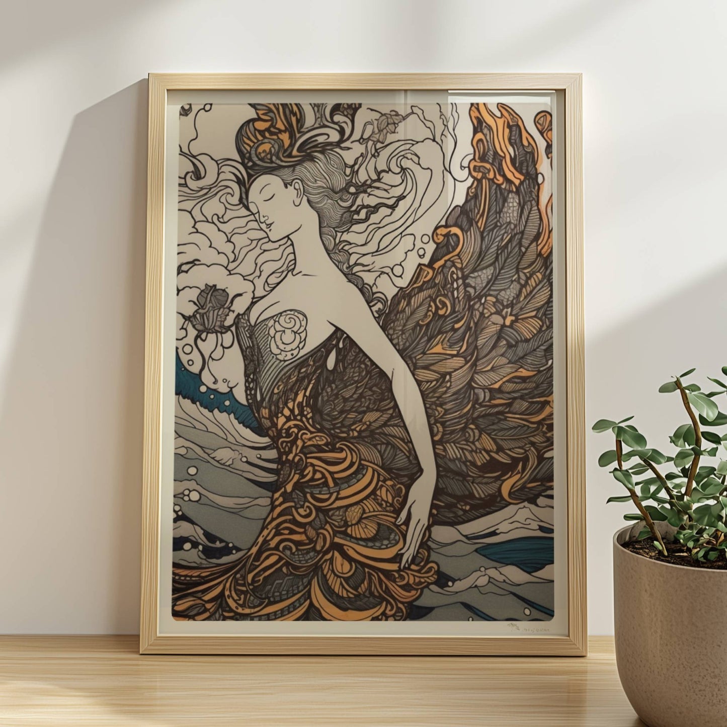 Künstlerische Darstellung einer Frau mit phönixartigen Federn, die sich in den Wellen des Ozeans verwandelt. Jugendstil-Muster und dynamische Linien.. Rahmen natur 30x40