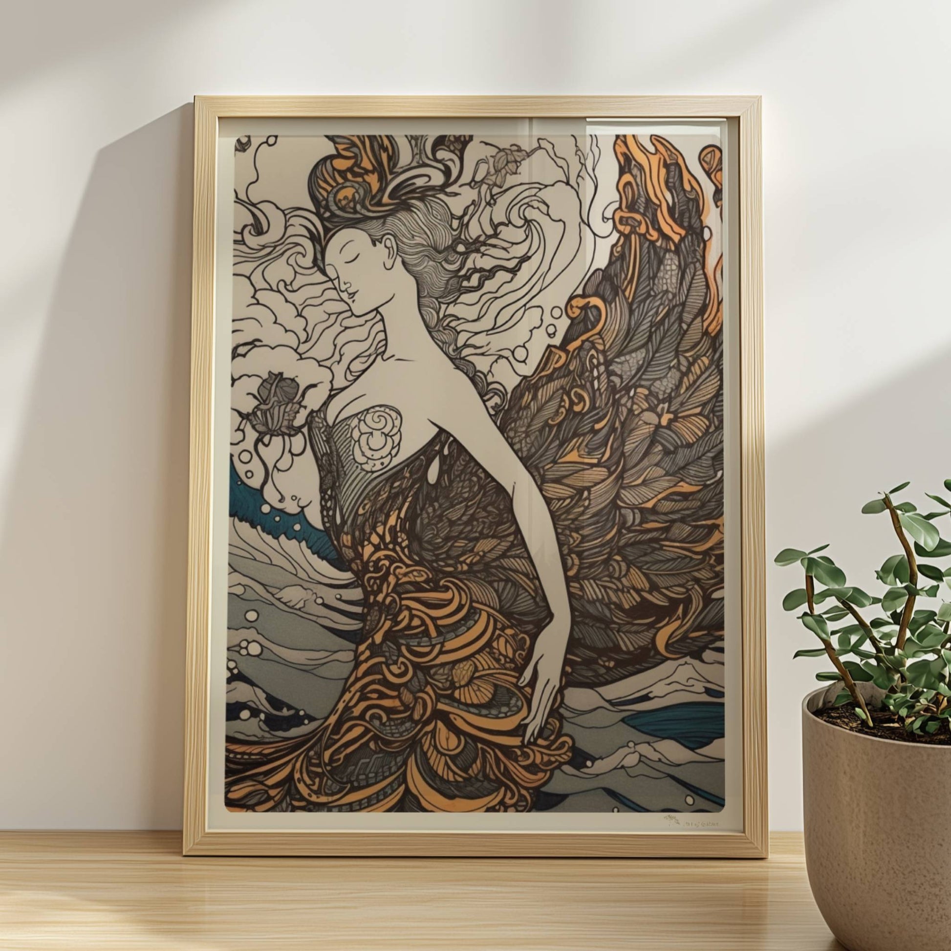Künstlerische Darstellung einer Frau mit phönixartigen Federn, die sich in den Wellen des Ozeans verwandelt. Jugendstil-Muster und dynamische Linien.. Rahmen natur 30x40