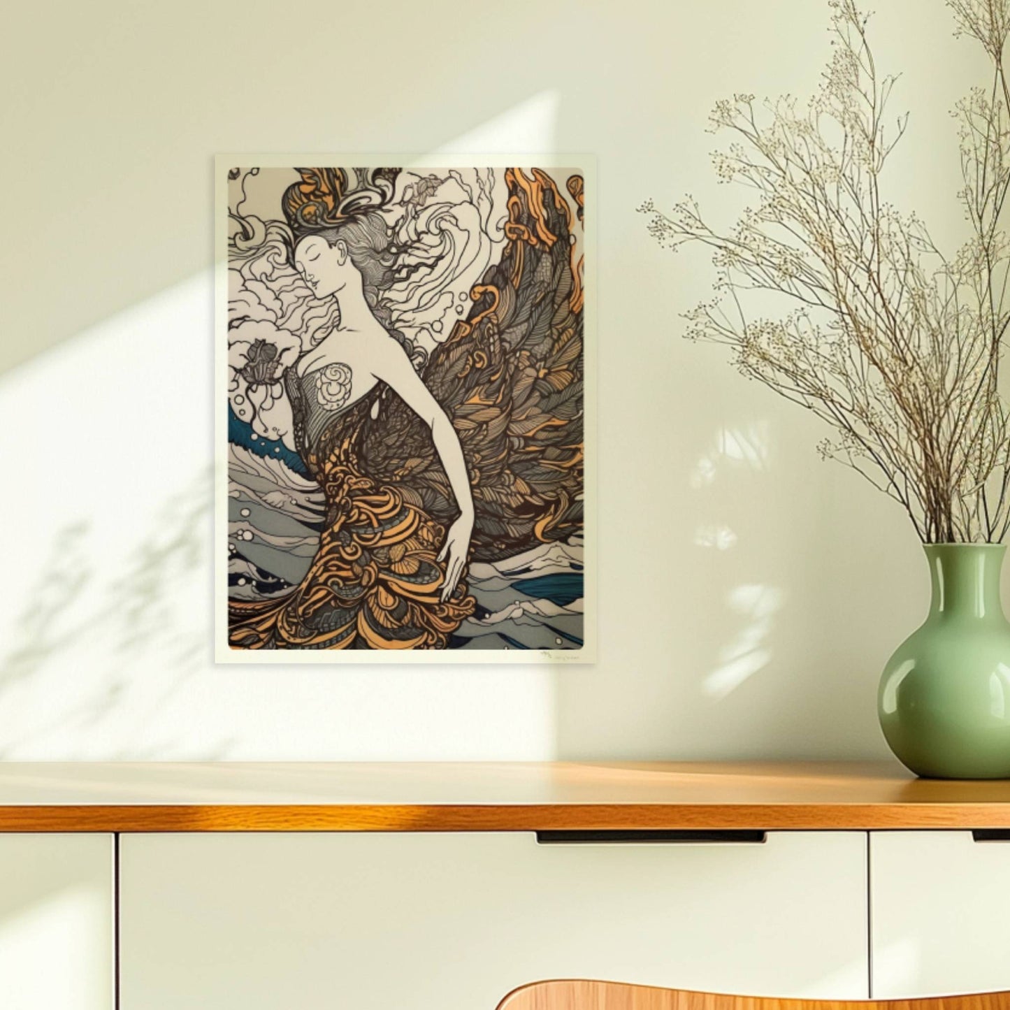 Künstlerische Darstellung einer Frau mit phönixartigen Federn, die sich in den Wellen des Ozeans verwandelt. Jugendstil-Muster und dynamische Linien.. Ohne Rahmen 30x40