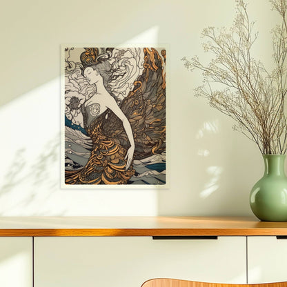 Künstlerische Darstellung einer Frau mit phönixartigen Federn, die sich in den Wellen des Ozeans verwandelt. Jugendstil-Muster und dynamische Linien.. Ohne Rahmen 30x40