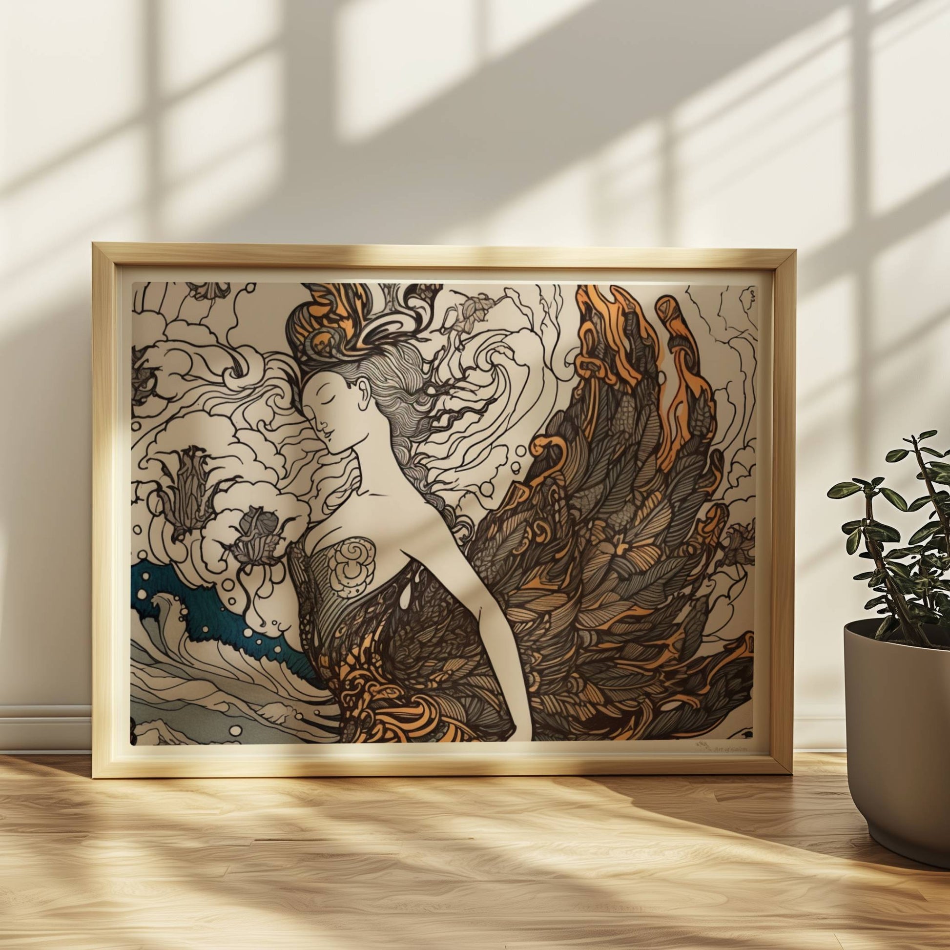 Künstlerische Darstellung einer Frau mit phönixartigen Federn, die sich in den Wellen des Ozeans verwandelt. Jugendstil-Muster und dynamische Linien.. Rahmen natur 40x30