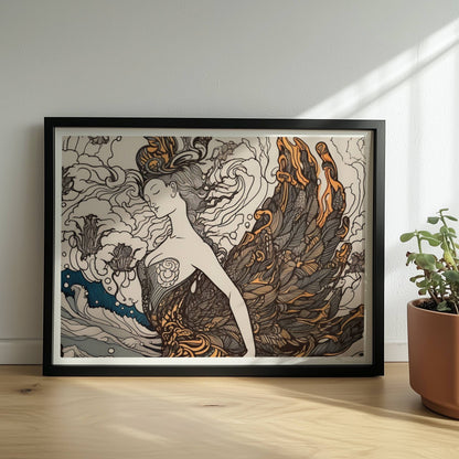 Künstlerische Darstellung einer Frau mit phönixartigen Federn, die sich in den Wellen des Ozeans verwandelt. Jugendstil-Muster und dynamische Linien.. Rahmen schwarz 40x30